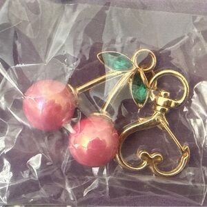 Pink Shimmer Cherry Bag Charm Keychain Gold Metal
